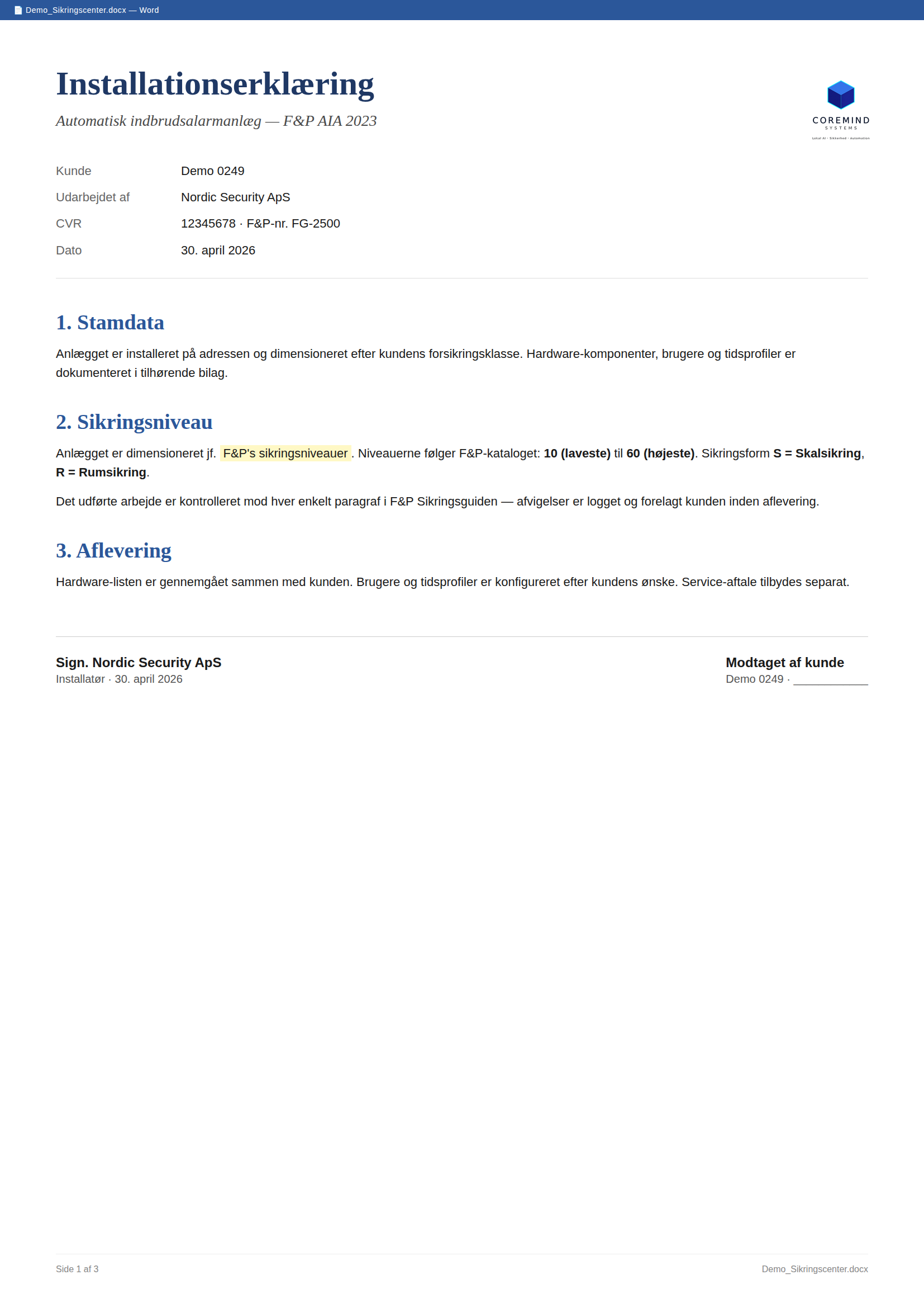 SecuDoc handover Word — installationserklæring